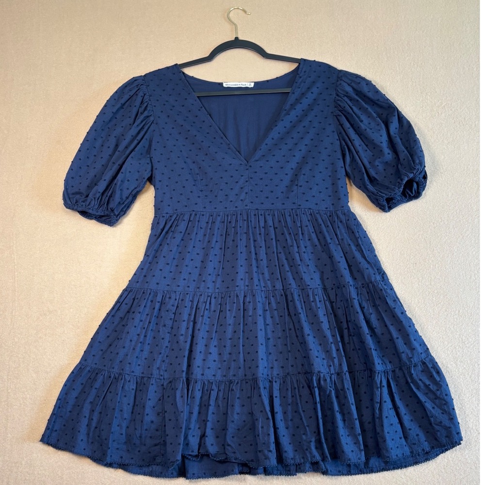 Abercrombie & Fitch Navy Blue Swiss Dot Tiered Puff Sleeve Mini Dress M